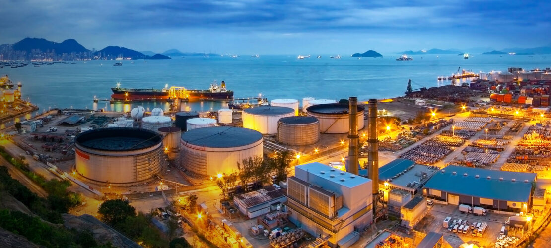 Gas storage spheres tank in petrochemical plant in sunset